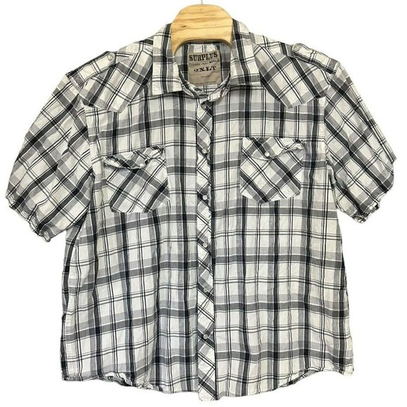 Surplus White Black Plaid Pearl Snap Button Short Sleeve Shirt Mens‎ 2XLT - Picture 1 of 4